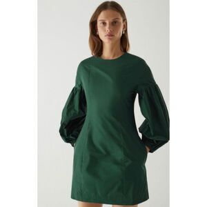 COS emerald green mini dress recycled nylon with puff sleeves